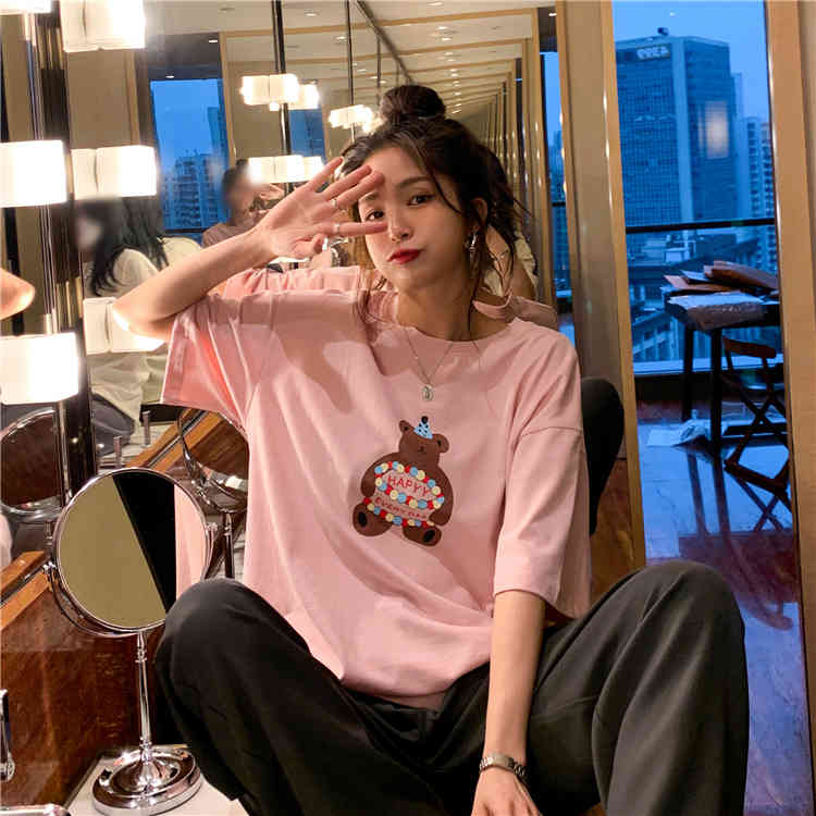 2colors Summer women tops korean style Cartoon Bear short sleeve t-shirts womens tee shirt femme (N0070) 210423