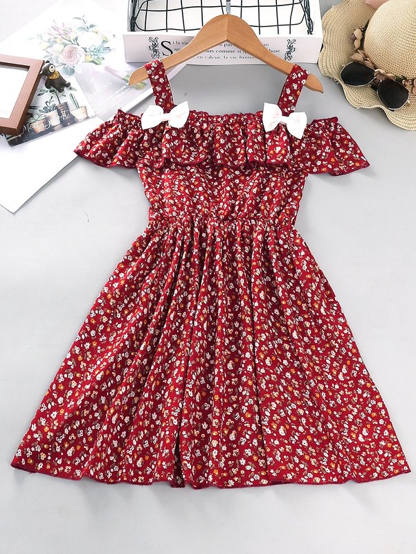 Girls Ditsy Floral Cold Shoulder Ruffle Trim Bow Front Dress SHE