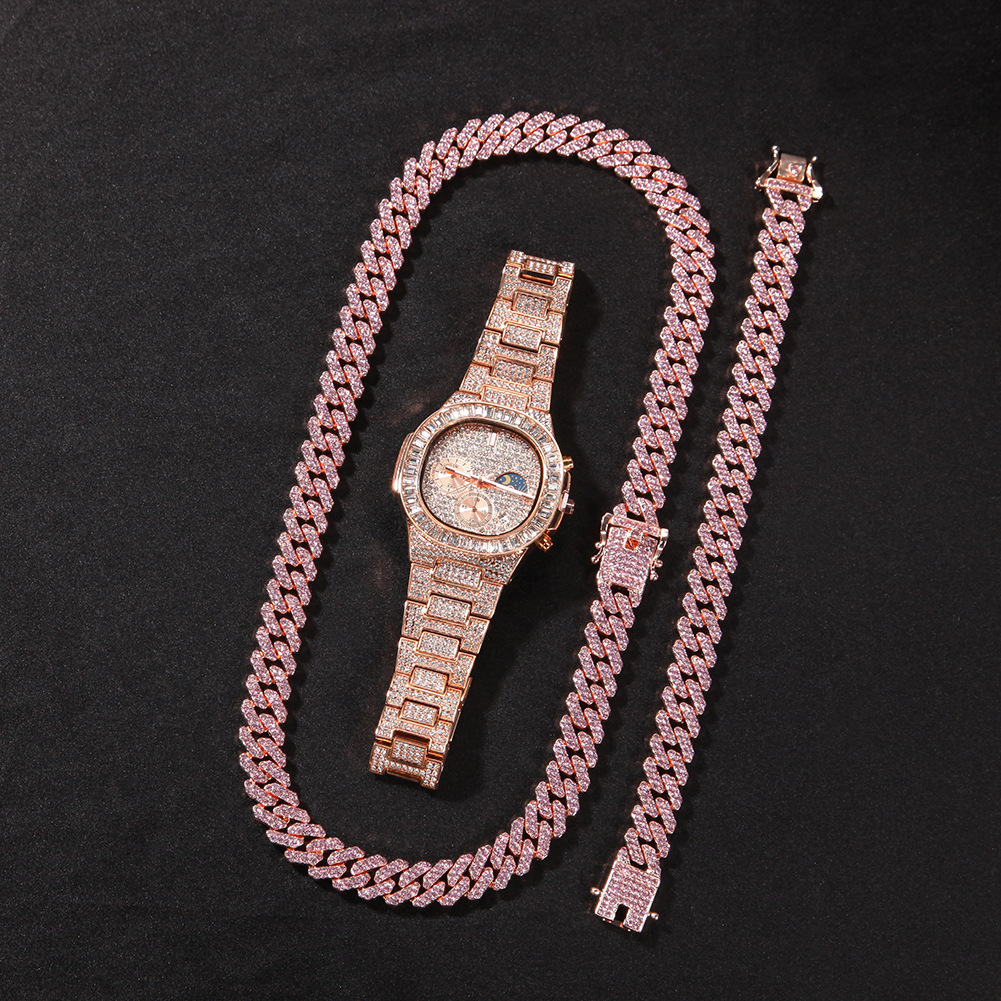 Men Necklace Iced Out Miami Cuban Chain Hip Hop Jewelry Rose Gold Silver Diamond Watch Necklaces Bracelet Set