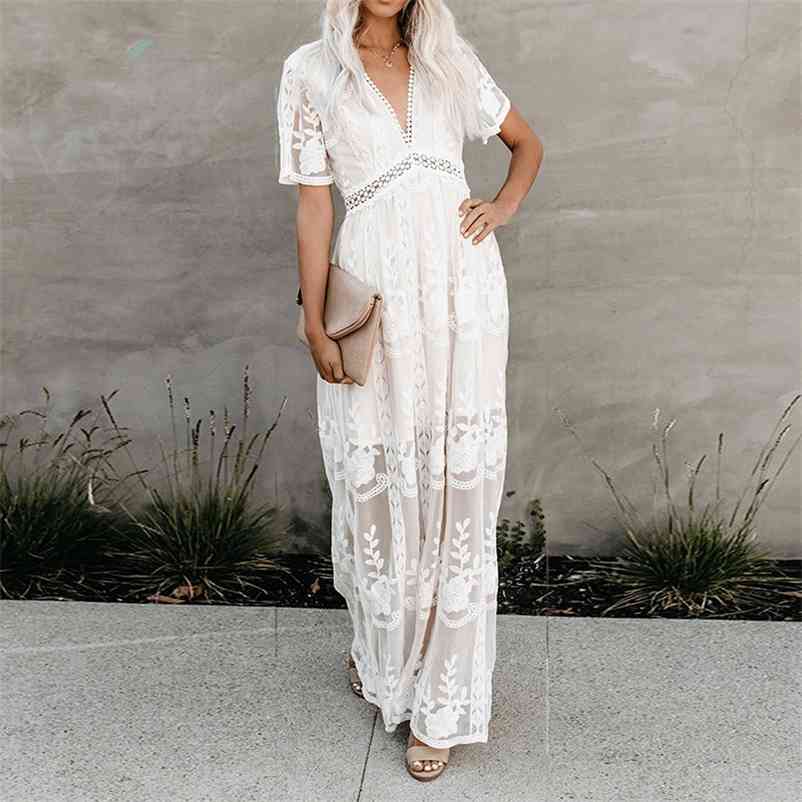 Boho Inspired white Lace tunic summer beach dress women deep V-neck lining embroidery slit side bohemian tunic dress female 210331