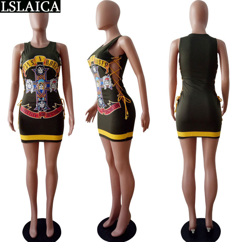 Dress women round neck green Skull print bandage slim elegant dress summer sleeveless female bodycon party clubwear 210515