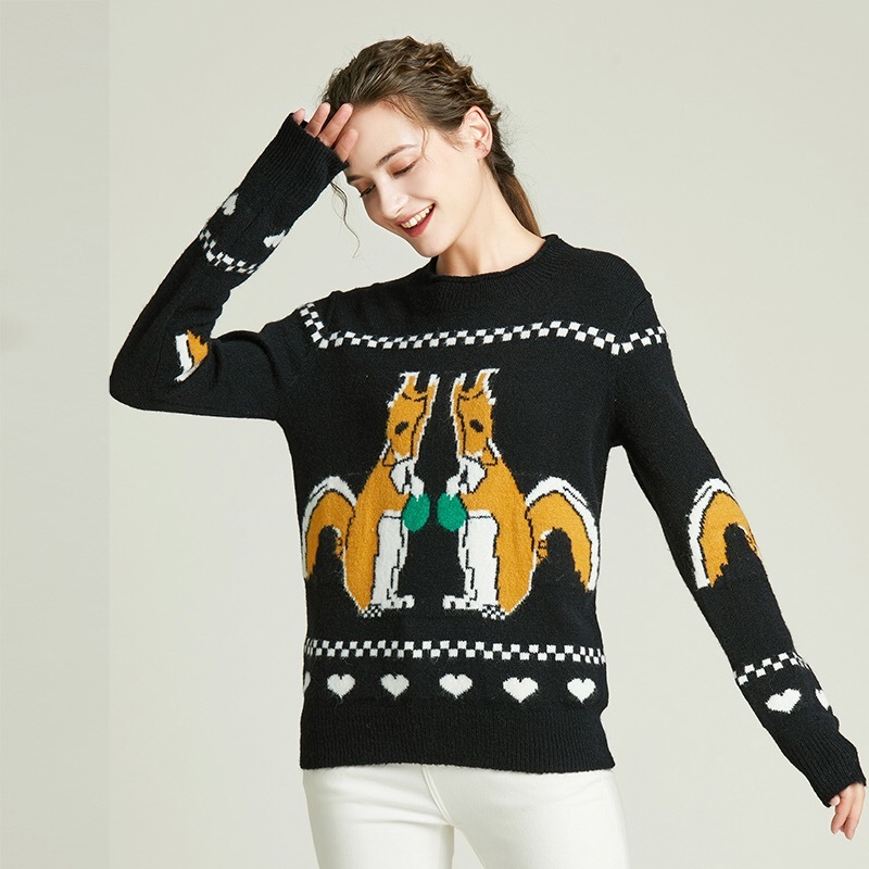 Pullover Sweater Women Cartoon Print Striped Loose Knitted Pull Femme Jumper Crop Mujer suéteres Autumn 210421