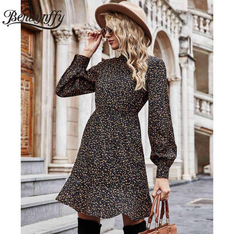 Mock Neck Print Ruffle Hem Short Dresses Women Spring High Waist Long Sleeve Female Casual A-line Dress Above Knee 210510