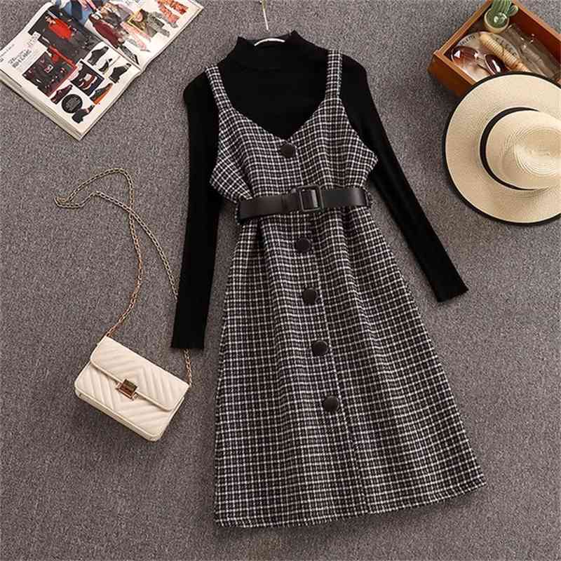 Autumn Winter Woman Long Sleeves Knitted T-shirt + Tweed Blend Plaid Dress 2 pcs sets Female Outfits Free Belt 210506