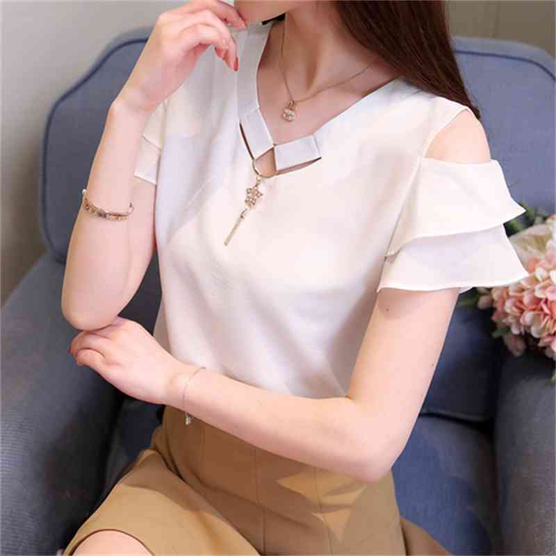 Fashion White Chiffon Blouse Women Shirt Short Sleeve V Collar Summer Tops Blouses Blusas Female Clothing 0081 30 210506