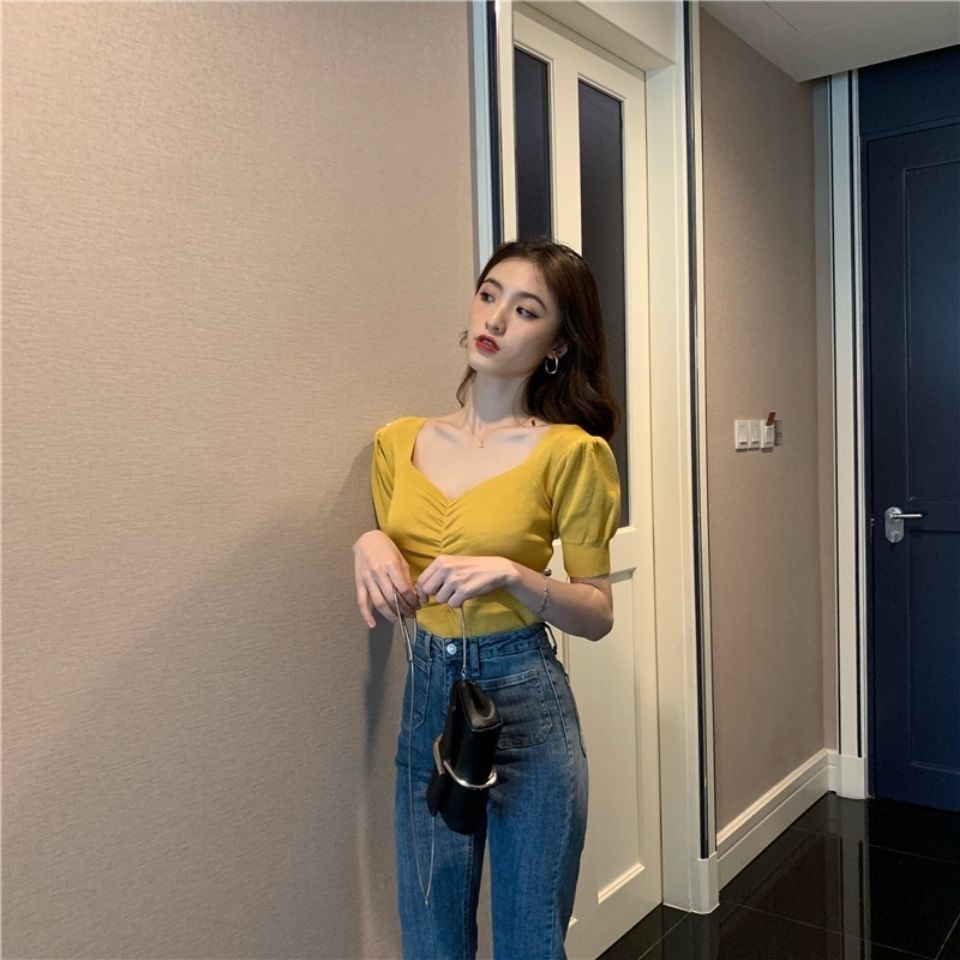 Wonder Knitted Short Sleeve T Shirts Retro V-Neck Puff Tees Vintage Korean Pleated Ladies Elastic 210510