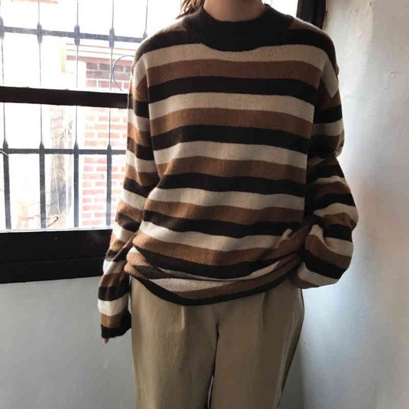 2 colors Autumn Winter Women Pullovers And Sweaters Jumper preppy style soft Warm stripe knitted Sweater Female (C9022) 210423