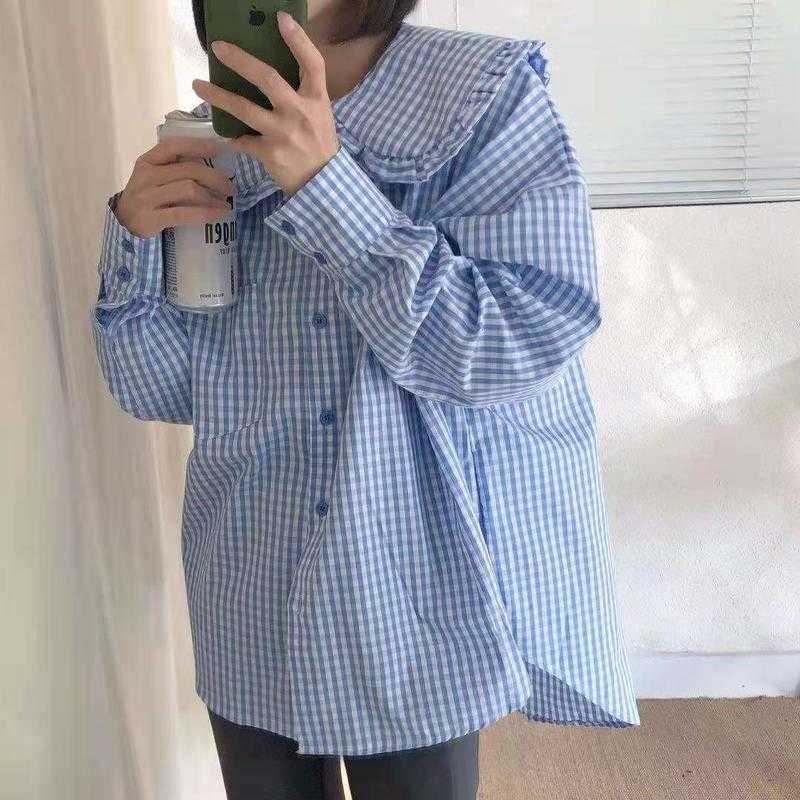 Lace Peter Pan Collar Full Single Breasted Plaid Medium Length Loose Shirt Fashion Blouse Women 210615, Blue
Lace Peter Pan Collar Full Single Breasted Plaid Medium Length Loose Shirt Fashion Blouse Women 210615, Blue