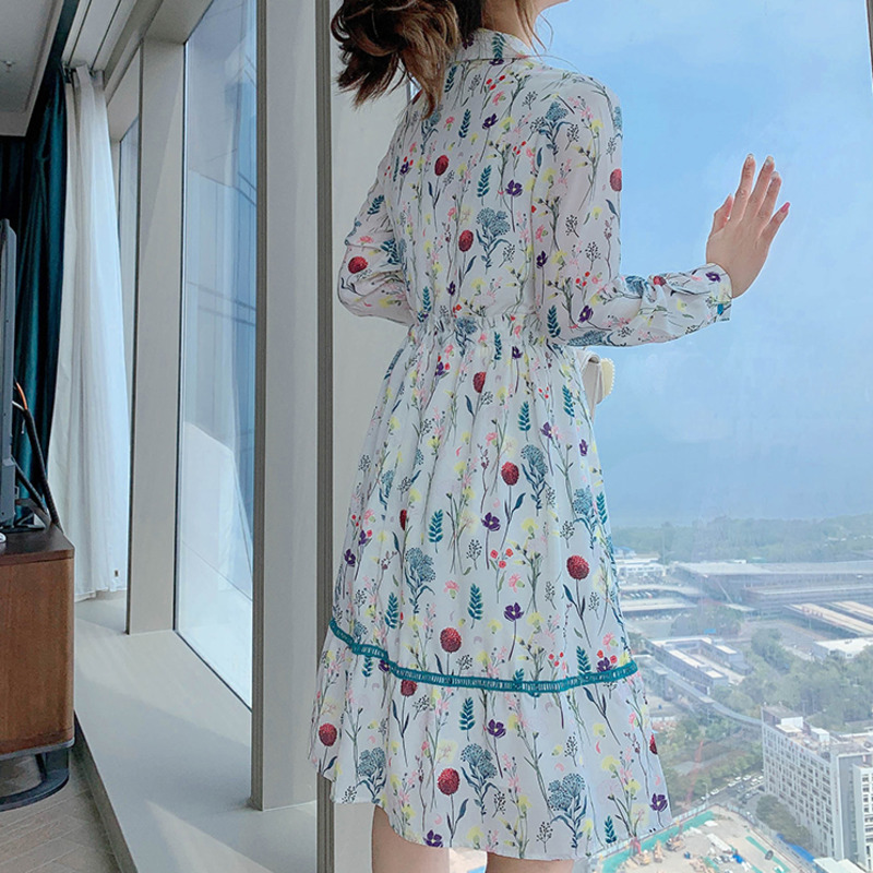 Spring Casual Vintage Floral Printed Shirt Dresses For Women Long Sleeve Loose Ruffles Elegant Bow Chic Dress Lady Clothes Femme 210515