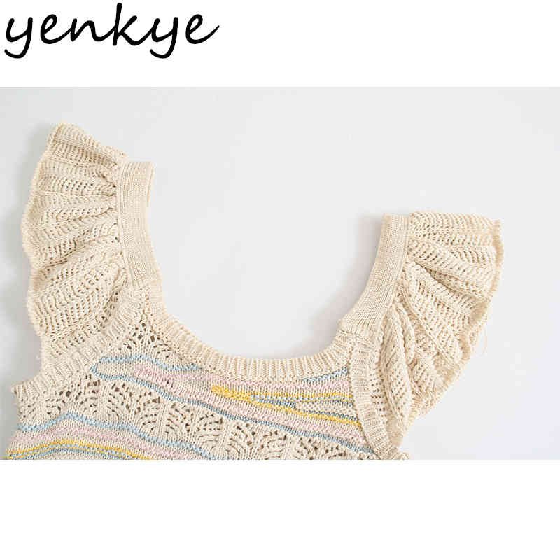 Fashion Women Pointelle Knit Top Sexy Hollow Out O Neck Ruffled Sleeve Summer Tops Chic Blouse 210430