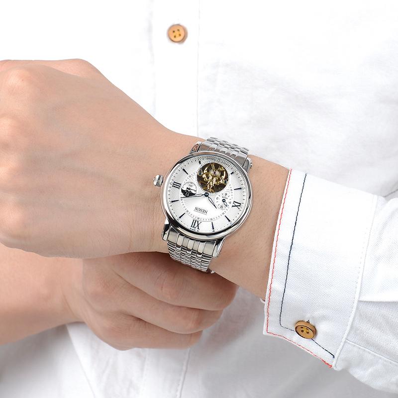 Wristwatches NESUN Brand Fashion Luminous Pointer Moon Phase Waterproof Steel Belt Watch Men's Business Sports Automatic Mechanical Watches, Steel-silver black
Wristwatches NESUN Brand Fashion Luminous Pointer Moon Phase Waterproof Steel Belt Watch Men's Business Sports Automatic Mechanical Watches, Steel-silver black