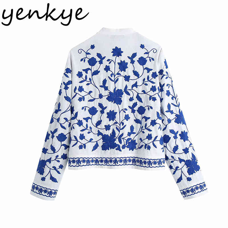 Spring Women Blue Floral Embroidery Jacket Female Long Sleeve V Neck Casual Outerwear Plus Size chaquetas Tops 210430