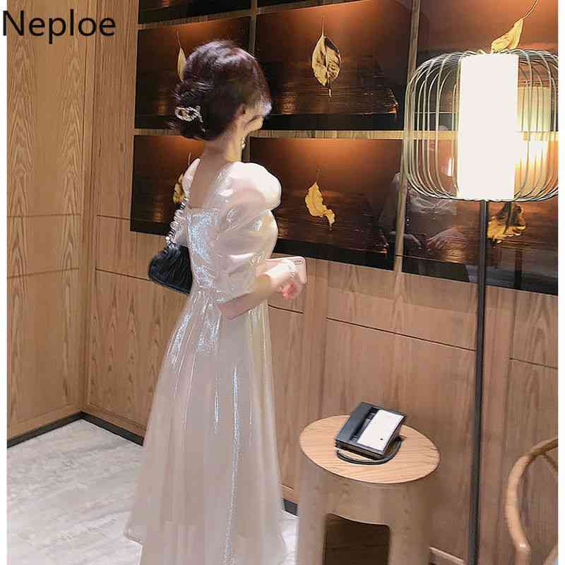 Neploe Korean White Dress for Women Puff Sleeve Vintage Woman Vestidos Squared Collar Party Dresses High Waist Ladies Long Robe 210422