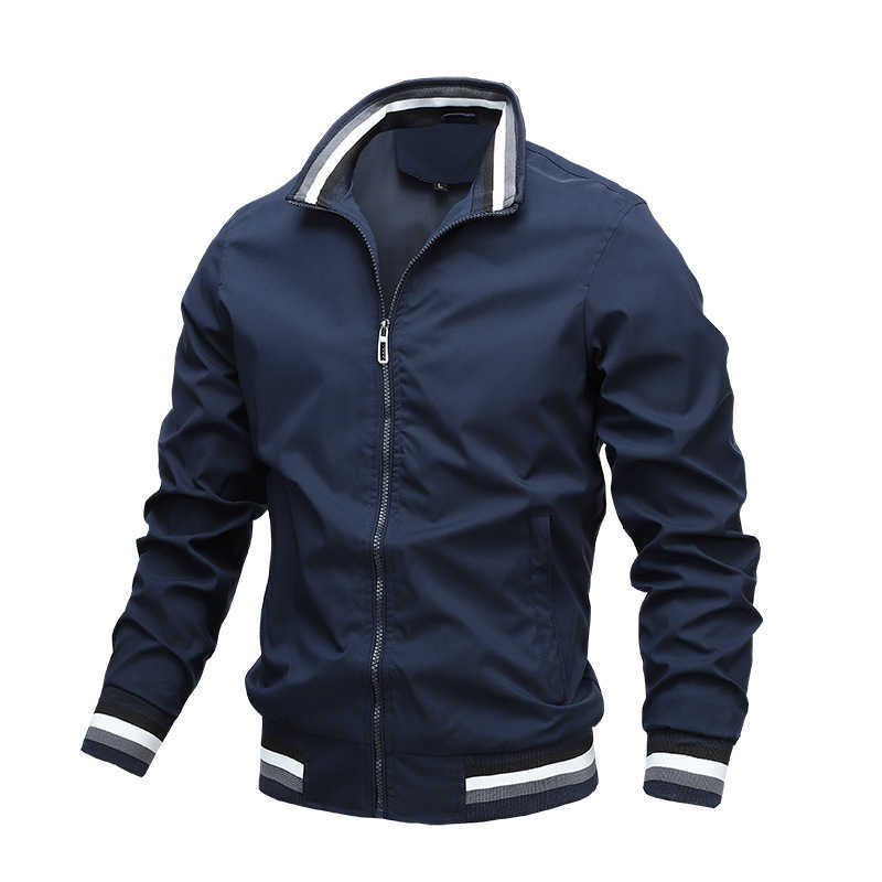 Men's Jackets Autumn Winter Stand Solid Color Patchwork Lapel Cardigan Coat Slim Zipper Jacket stripe Bomber Jacket Outwear 210603