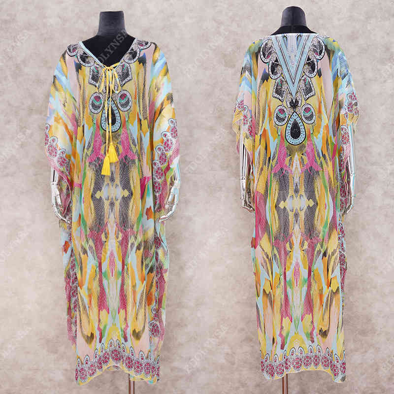 Bohemian Printed Summer Beach Dresses Chiffon Tunic Women Plus Size Wear Swim Suit Cover Up Sarongs Plage pareos Q678 210420