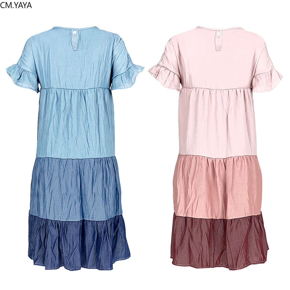 CM.YAYA Women Patchwork O-neck Cascading Ruffles Loose A-line Denim Short Sleeve Mini Dress Classic Streetwear Dresses 210331