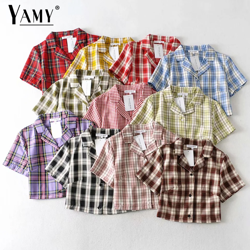 Summer blouse women vintage crop shirt streetwear plaid ladies tops elegant button up shirt korean crop top red 2021, Yellow plaid 
Summer blouse women vintage crop shirt streetwear plaid ladies tops elegant button up shirt korean crop top red 2021, Yellow plaid