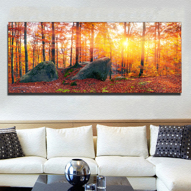 Modern Landscape Canvas Painting Autumn Maple Forest Sunrise For Living Room Decor Wall Pictures Paintings Poster and Prints Art