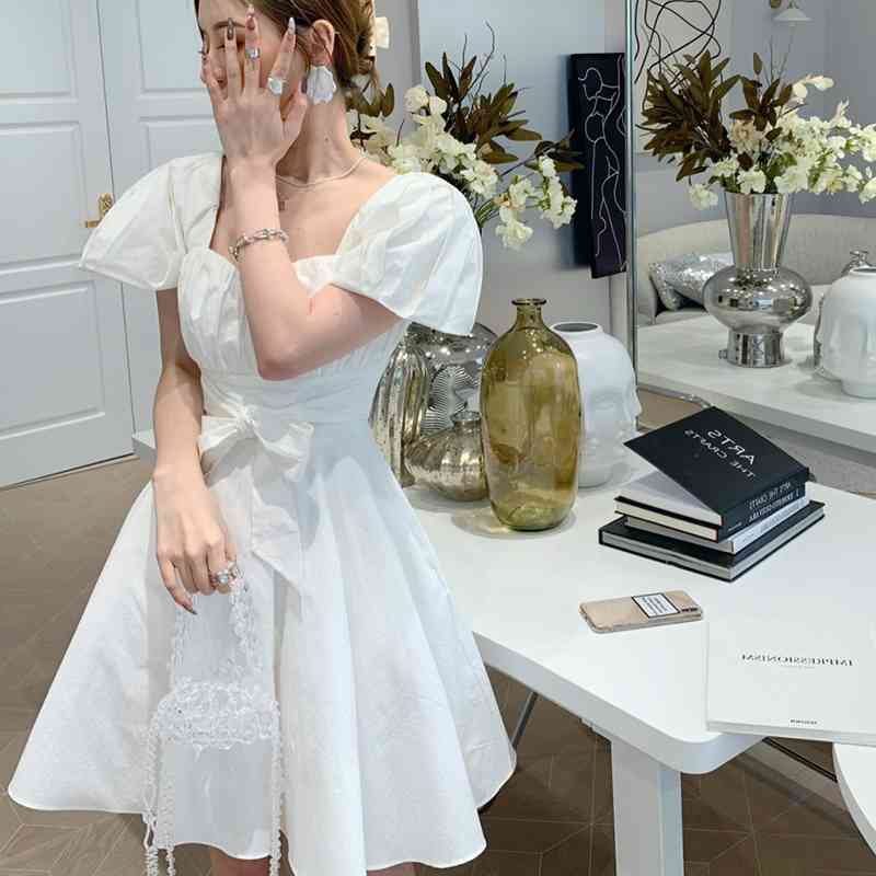 Summer Sweet White Vintage Dress Korea Elegant Women Puff Sleeve Bowknot Party Mini Female 210519