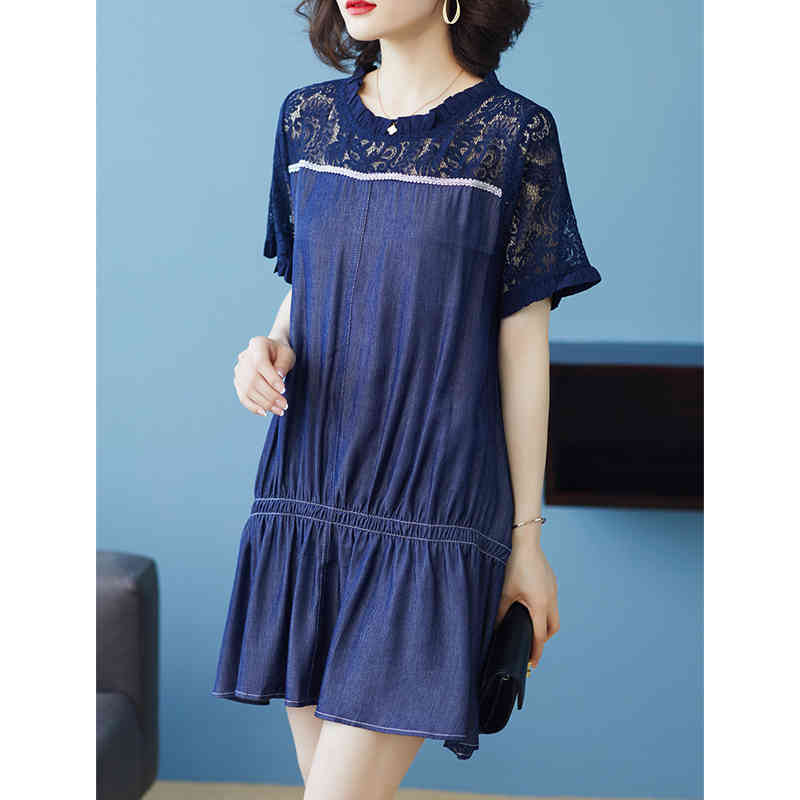 Vintage Plus Size A-Line Lace Denim Patchwork Women Spring Summer Short Sleeve Jeans Ladies Loose Midi Shirt Dress D12801X 210416