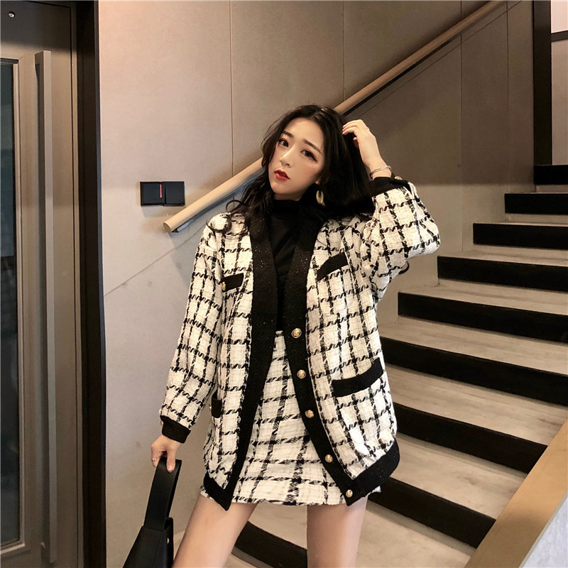 Autumn Winter Fashion 2 Piece Set Women Long Sleeve Tweed Wool Jacket Coat+Mini Skirt Ladies Vintage Clothing s 210519