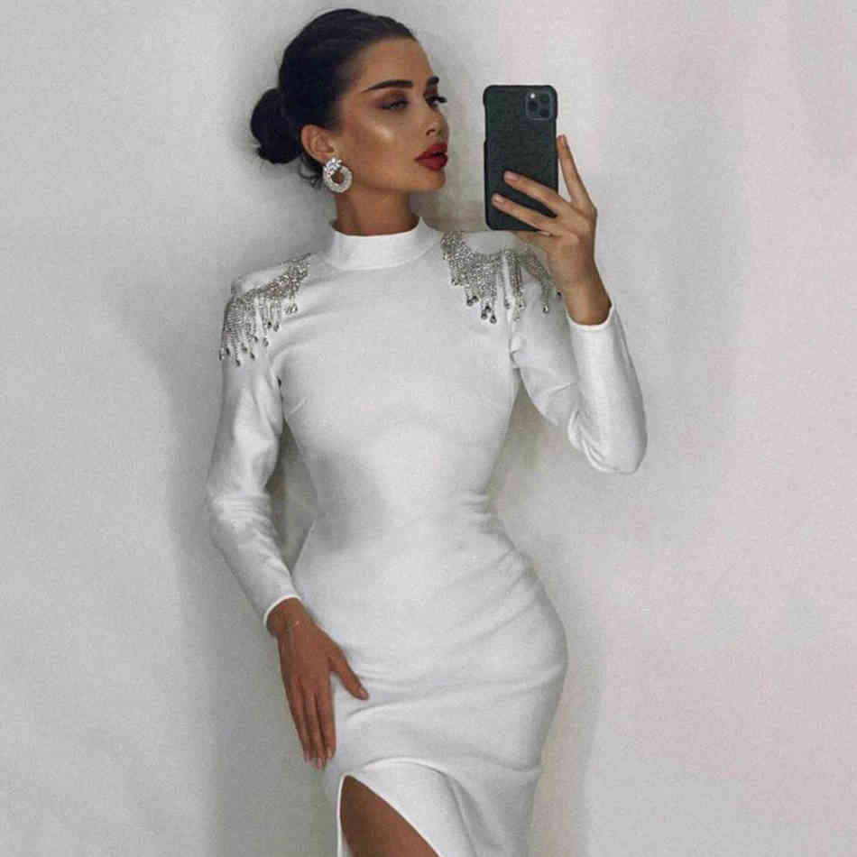 Black Diamons Tassel Bandage Women's Summer Dress Sexy Long Sleeve Backless Maxi Evening Runway Club Party 210423