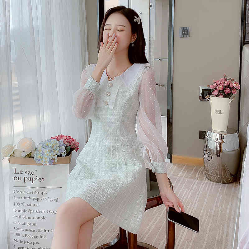 HMA New Autumn And Winter Tweed Woolen Dresses Women Fashion Hit Color Long Sleeve Elegant Sweet Vestidos 210409