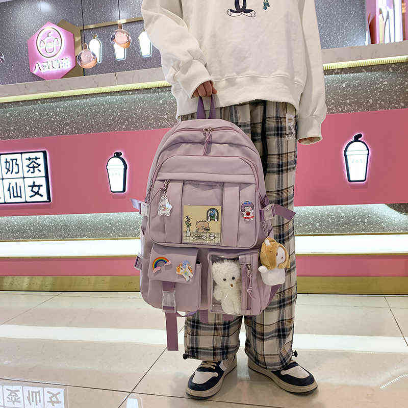 Purple Nylon Backpack for Women Large Capacity Backapck Student Travel Rucksack Girl Multifunctional School Bag 7 Grade 220209