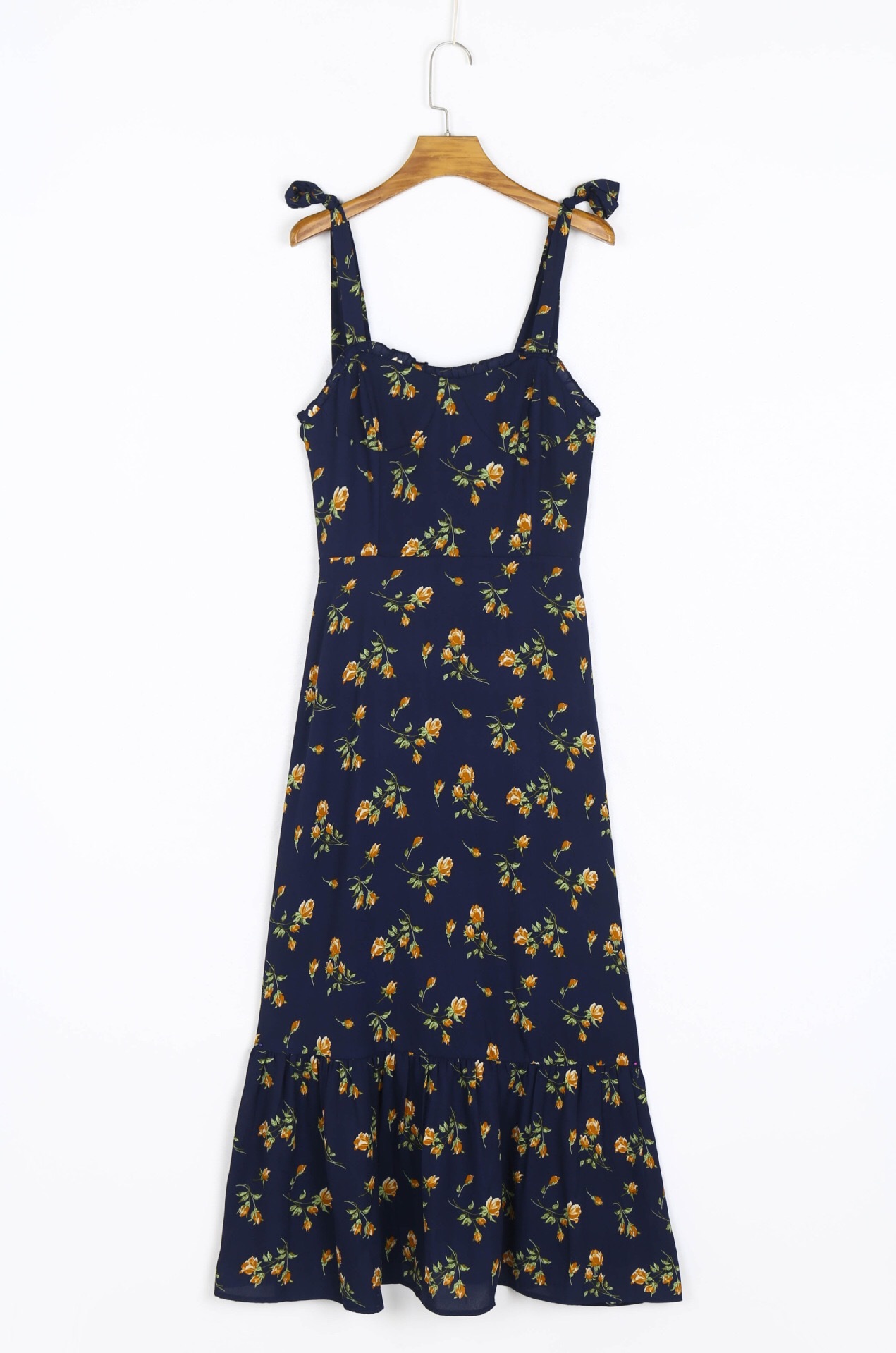 Vintage French Flower Print Bandage Spaghetti Strap Ruffles Hem Midi Dress Navy Retro Women Tie Bow Sling Dresses Holiday 210429