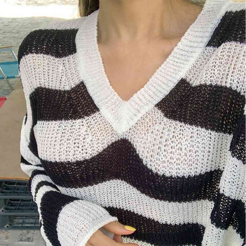 Striped Knitted Sunscreen Pullover Knitwear Women Summer Full Sleeve V-neck Loose Thin Tops Sweater Korean Fashion Jumpers 210514