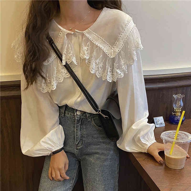 Casual Sweet Blouse Women Cute Lace Chiffon Shirt Peter Pan Collar Korean Chic Ladies Tops Puff Sleeve Vintage 11767 210506