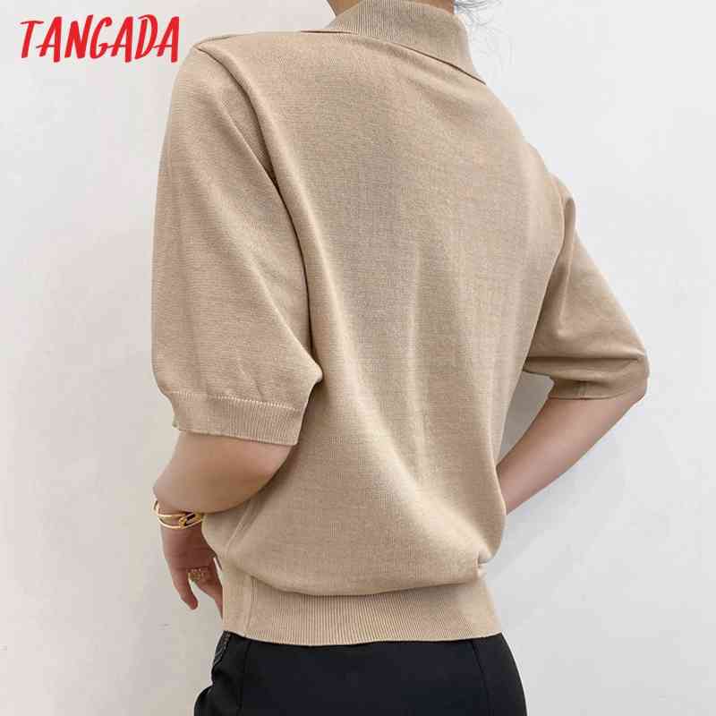 Women Fashion Khaki Knitted Sweater Jumper Short Sleeve Summer Female Pullovers Chic Tops AI48 210416