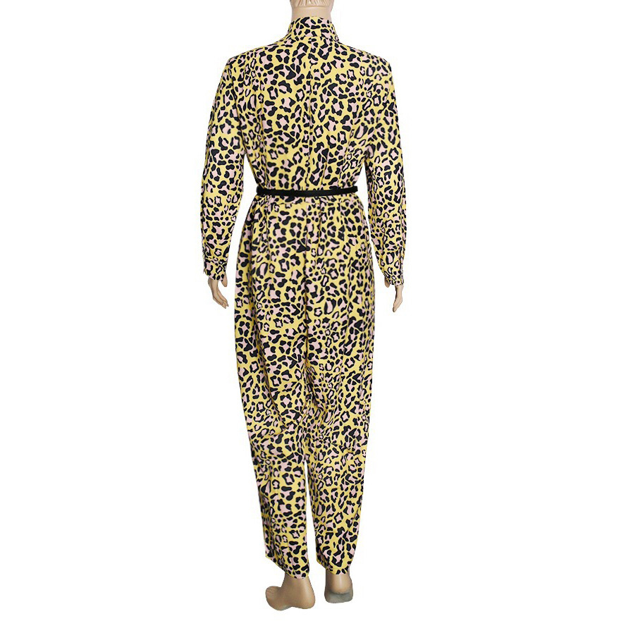 African Leopard Jumpsuits Long Sleeve Turn Down Collar High Wait Elegant Work Business Office Rompers With Belt 210510