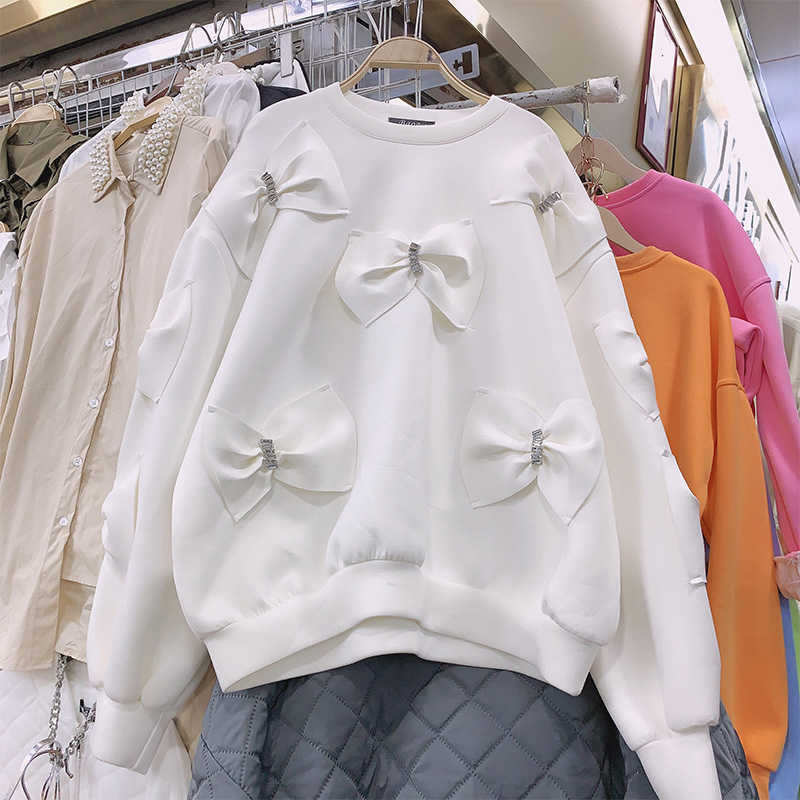 Diamonds Bowknot Pullover Sweatshirt Causal Long Sleeve O-neck Hoodies Korean Sweet Women Top Jumpers 6E490 210603