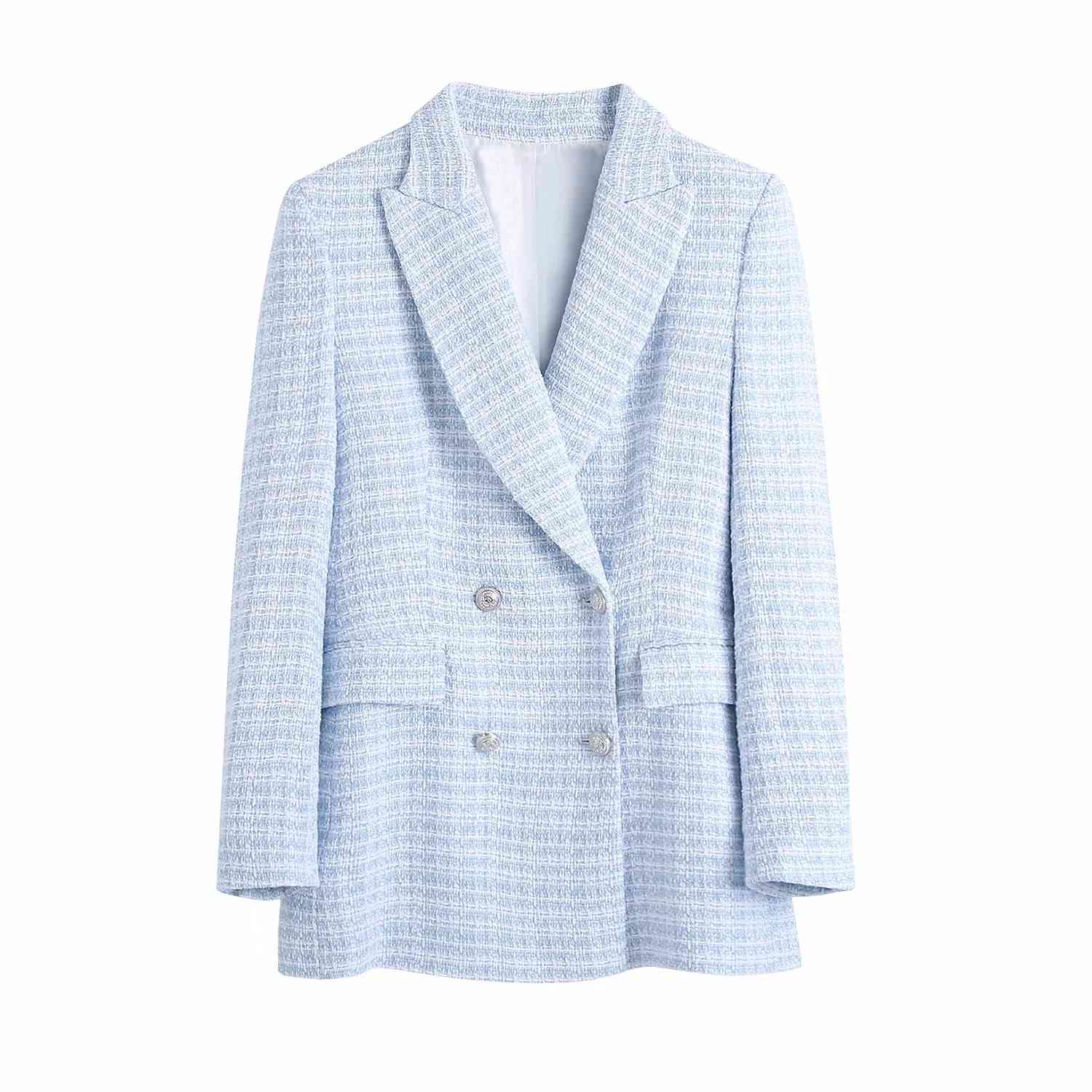 Fashion Casual Double Breasted Tweed Women Blazer Coat Long Spring Autumn Jackets Coats Female Chic Office Lady Tops 210521