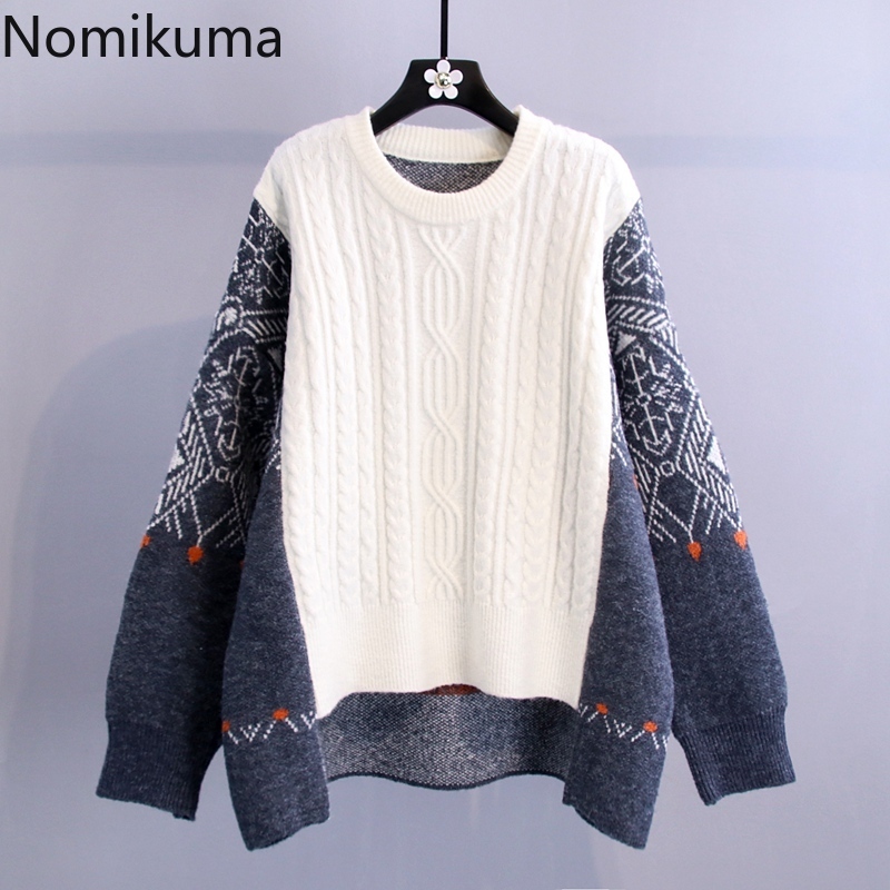 Nomikuma Oversized Women Sweater Vintage Contrast Color Twisted Patch Knitted Pullover Autumn Winter Thick Pull Femme 6C973 210427