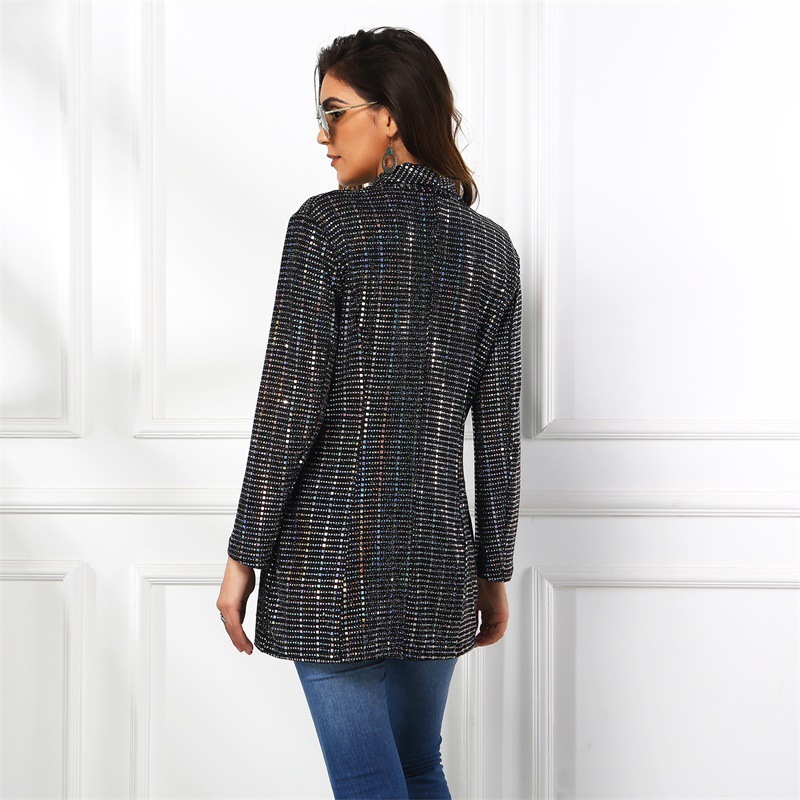 Women Blazer Single Button Long Sleeve Ladies Black Coat Sequined Stitching Women's Slim Suit Jacket Autumn Winter 210524