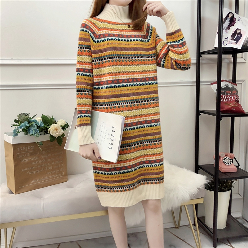 Lazy Wind Turtleneck Long-sleeved Sweater Dress Female Ethnic Style Long Striped Knitted Bottoming Pullover Women 210427