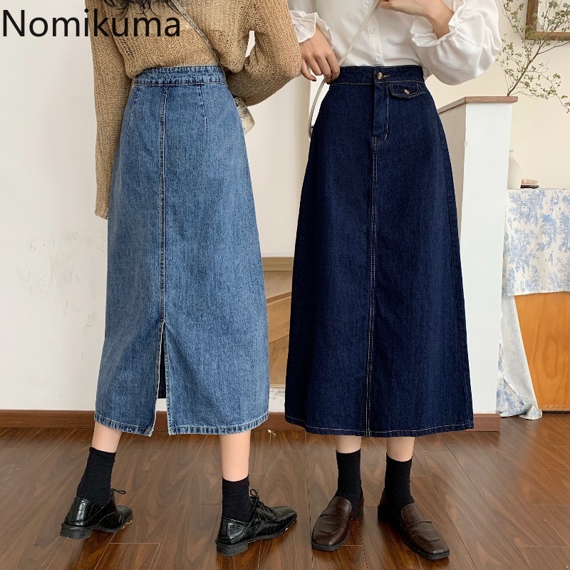 Nomikuma Autumn Women Jeans Skirt New Korean High Waisted Demin Skirts Causal Split A-line Faldas Mujer Moda 6C494 210427