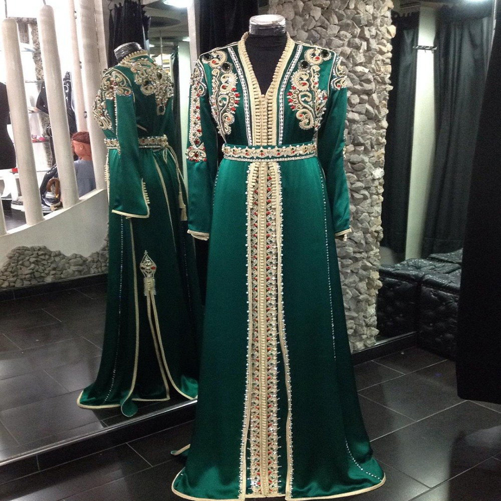 Gorgeous Green Moroccan Kaftan Evening Dresses With Beaded Elegant Long Sleeve Muslim Prom Dress Satin Formal Party Gowns Vestidos Fiesta Robe De Soir