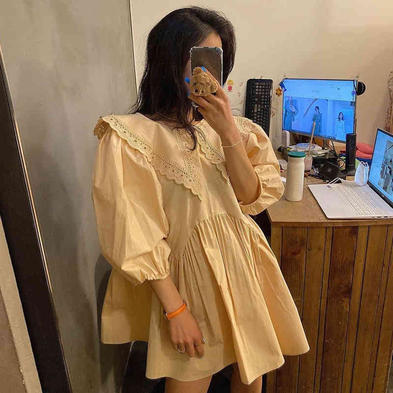 Nomikuma Korean Summer Woman Dress Peter Pan Collar Half Puff Sleeve Dresses Causal Bow Tie Backless Vestido De Mujer 6G666 210427