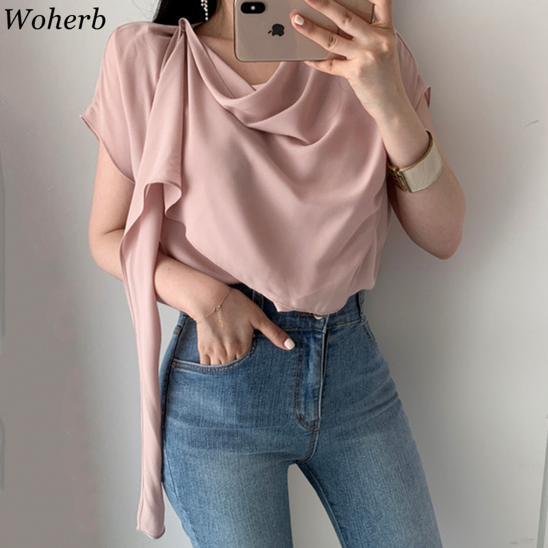 Women Elegant Tops Korean Chic Summer Blouses Temperament Solid Shirts Loose Irregular Blouse Office Lady Blusas Mujer 210519