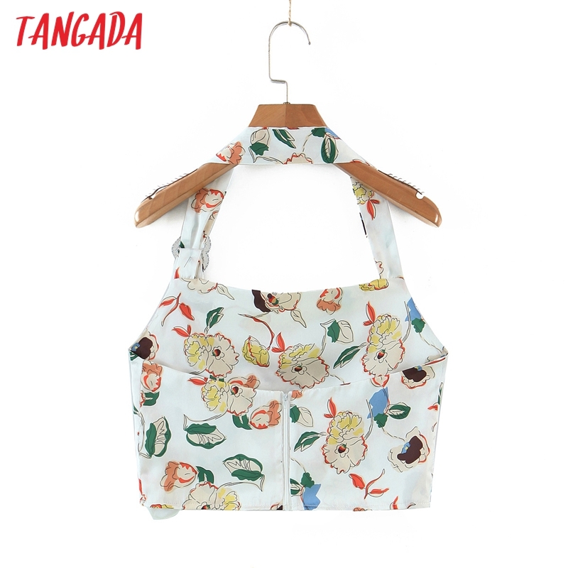 Women Floral Print Halter Camis Crop Top Beading Heart Decorate Backless Short Blouses Shirts Female Tops DZ9 210416