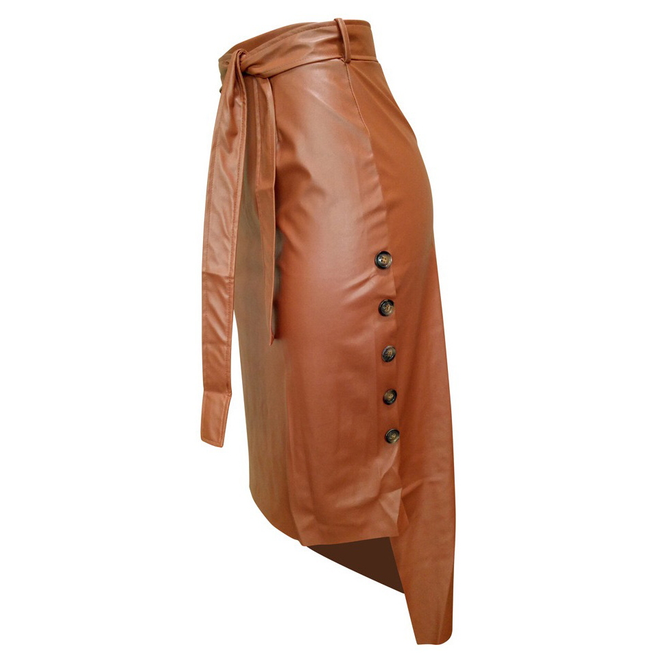 Autumn Winter PU Leather Skirt High Waist Solid Red Button Split Bodycon Elegant Work Business Office Wear Skirts 210510