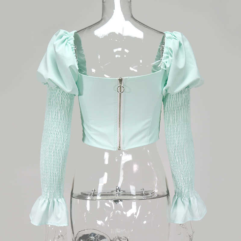 Colysmo Cropped Tops Blouse Women Autumn Solid Color Vintage Square Collar Long Flared Sleeves Pleated Wrinkled Blusas Mint 210527
