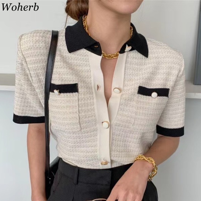 Summer Thin Short Sleeve Cardigan Women Korean Chic Knitwear Slim Contrast Color Cardigans Casual All Match Top 210422