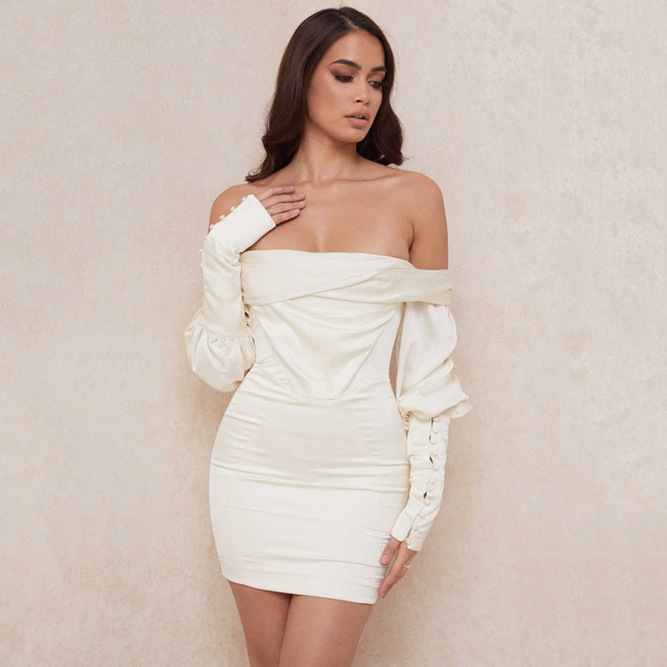 Satin Corset Dress Ladies Mini Lantern Sleeve Off Shoulder Sexy Party Club Bodycon Draped Aummer 210527
