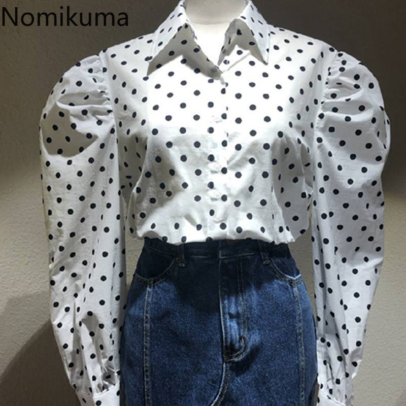 Nomikuma Korean Dot Causal Women Blouse Puff Sleeve Turn-down Collar Shirt Spring New Blusas Mujer De Moda Verano 6E815 210427