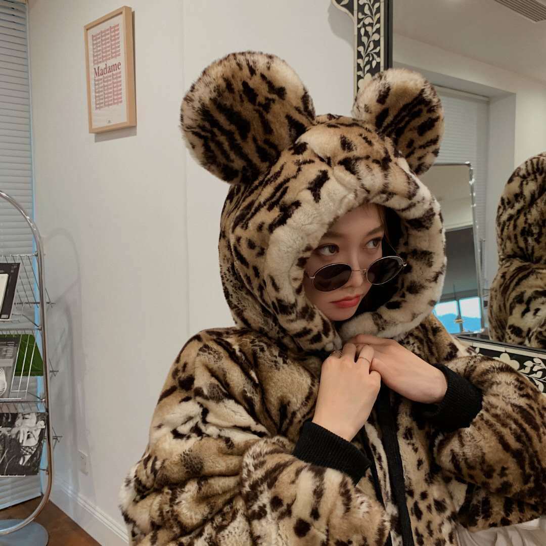 Warm Fur Coat In Winter Lovely Girl Leopard Print Rabbit Ears Vintage Hooded Faux s Thick Outwears 210510