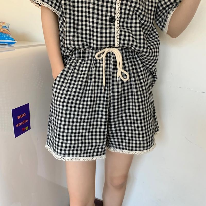 Korobov Women Striped Short Sleeve Turn-Down Collar Blouses And High Waist Elastics Shorts 2 Pieces Sets Sweet Pockets Suits Two Piece Dress